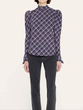 Veronica Beard Isabela top Plaid Button-Down in Burgundy, Navy & White